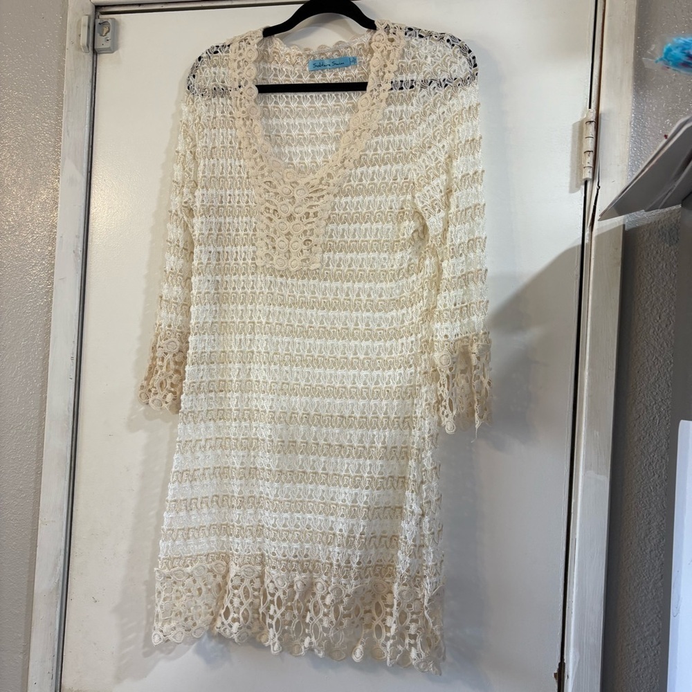 Solitaire Swim Cover Up Dress Tunic Sheer Crochet Swimsuit Tropical Sleeves L